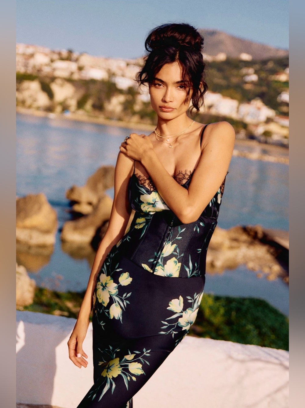 NWT De La Vali Cleodora Silk Corset Maxi Dress Floral Black Slip Gown